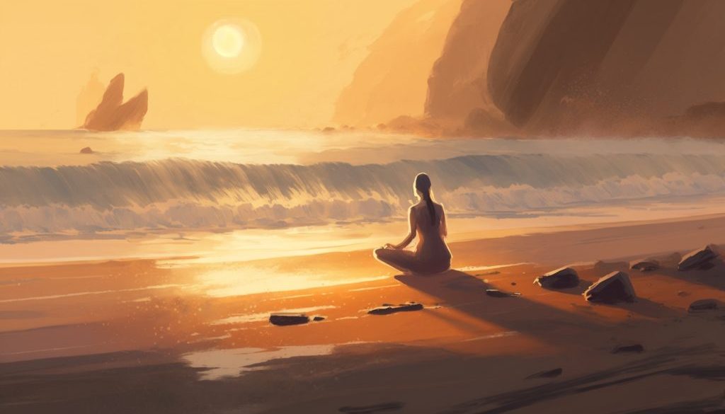 woman-meditating-beach-with-sun-setting-her